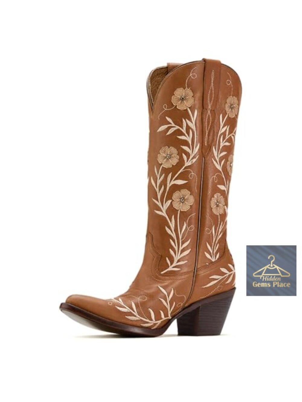 Womens Wide Calf Flower Embroidered Chunky Block Heel Knee High Western Boots